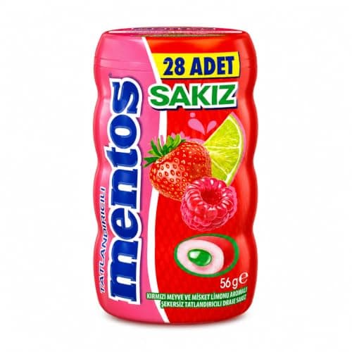 Mentos Red Fruit & Lime Sugar-Free Chewing Gum, Strawberry and Raspberry Flavour, 28 Pieces, 56 g, Resealable Bottle