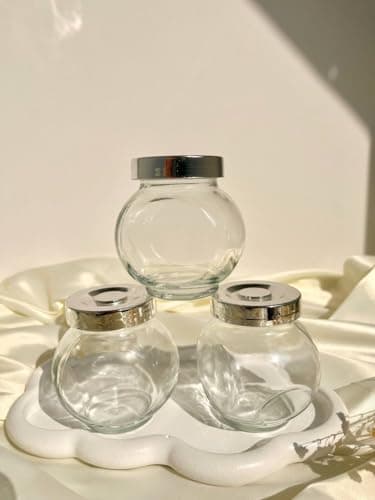 Generic Clear Glass Spice Jar Set, Round Shape, Silver Lid, 4-Piece Set for Storage, .Ais Food storage container