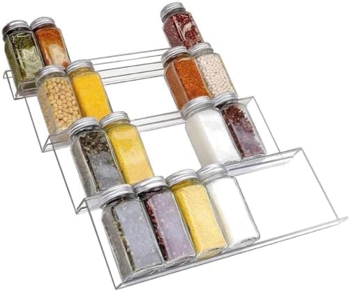 Acrylic Z-Shape Spice Rack and Makeup Organizer for Kitchen Drawers Shelves Multi-Purpose Clear Tiered Storage Tray for Jars Cosmetics Bottles