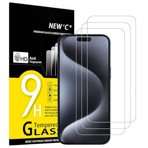 NEW'C Pack of 3 Tempered Glass Screen Protector for iPhone 15 Pro Max / 15 Plus (6.7 Inches), Scratch Free, 9H Hardness, HD Screen Protector, 0.33 mm Ultra Clear, Ultra Resistant