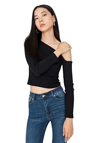 Trendyol Womens Black Fitted/Body Seated Asymmetrical Neckline Off-The-Shoulder Ribbed Stretchy Knitted Blouse Twoaw23Bz00088 Blouse (pack of 1) Shirt