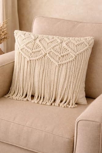 Generic Macrame Linen Cushion, Boho Style, Fringe Detail, Ivory, High-Quality Linen Material, .reh Pillow