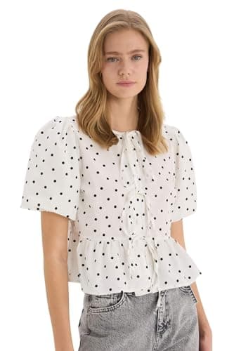 DeFacto Woman Regular Fit C Neck Short Sleeve Young Woven Top Short Sleeve Blouse E2670AX,Off White L