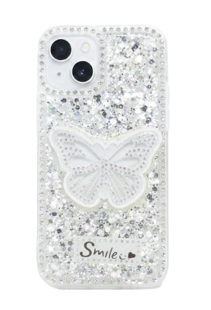 Butterfly Crystal For (iphone 14/15 Plus) Protective Case Glittery Back Cover Rhinestone Frame For Girls Shockproof Protection For Girls (White) Cellular phone case
