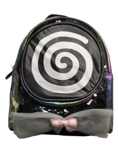 backpack with a large black and white spiral design on the front