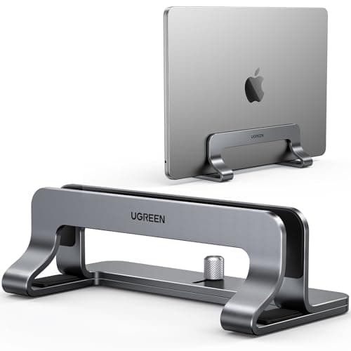 UGREEN Aluminum Vertical Laptop Stand, Double Desktop Stand Holder with Adjustable Dock Space-Saving Anti Slide Silicone Grips for All Tablet/iPad MacBook/Surface/Samsung/HP/Dell/Chrome Book Silver Portable electronic device stand