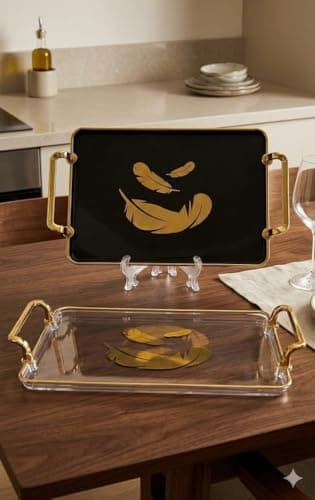 Generic Rectangular Acrylic Serving Tray with Gold Handles, Transparent, Feather Design, 25x32 cm, .sg