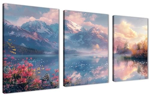 Skills Canvas Wall Art - Calm Mountain Lake Surrounded by Snow Covered Mountains and Flowers - Wall Art for Living Room, Bedroom, Office Decorations & More (30cm x 40cm x 3pcs)