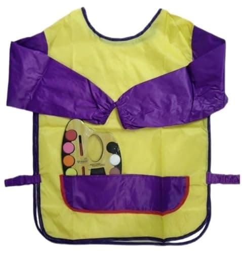 Waterproof Long Sleeve Baby Bib Paint Apron - Repeated Use, 2 Front Pockets Easy to Use to Keep Baby Clothes from 3 to 12 Years Old + Watercolor Palette (Yellow with Purple Sleeve(1))