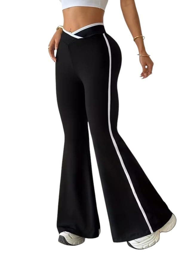 Miza Women's Wide Pants Black Diving, High Waist, Side Line White Wide Leg for Girls and Women