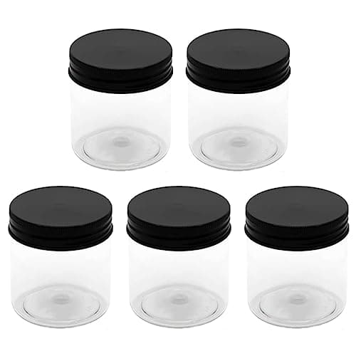 Pack of 5 Simple White Plastic Jars 250ml, Diameter 7cm, Black Lid, Reusable, Leak Proof, Perfect for Makeup, Small Projects and Craft Supplies