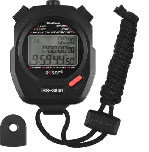 RS-2830 Digital Sports Stopwatch 30 Lap Memory Multifunction LCD Display | 1/100 Seconds Resolution, Rolling and Division Function, LCD Display, Included Wrist Cord, Timer and Clock