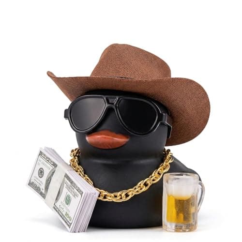 Cool Black Rubber Duck Car Dashboard Ornament - Cowboy Hat & Gold Chain Decor - Funny Automotive Interior Accessory for Men/Women - Gift Idea for Car Lovers & Office Desk (Mini Cowboy Style)