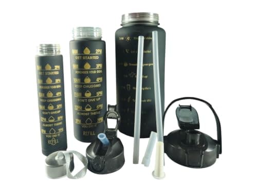 3 in-1 Motivational Water Bottle with Time Marker – Large Capacity Leakproof Sports Bottle with Carry Handle for Gym, Fitness, Office & Travel