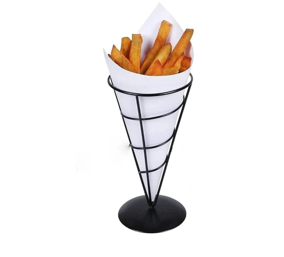 Generic Black Stainless Steel French Fry Cone Basket Stand, Single Holder for Serving Chips and Snacks, .hd