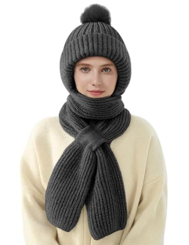Svanco Winter Warm Knitted Hat Scarf For Women Fleece Hooded Scarf Thick Cosy Windproof Scarf Knit Hat Double Layer Padded 2 in 1 Hat Scarf Set Apparel