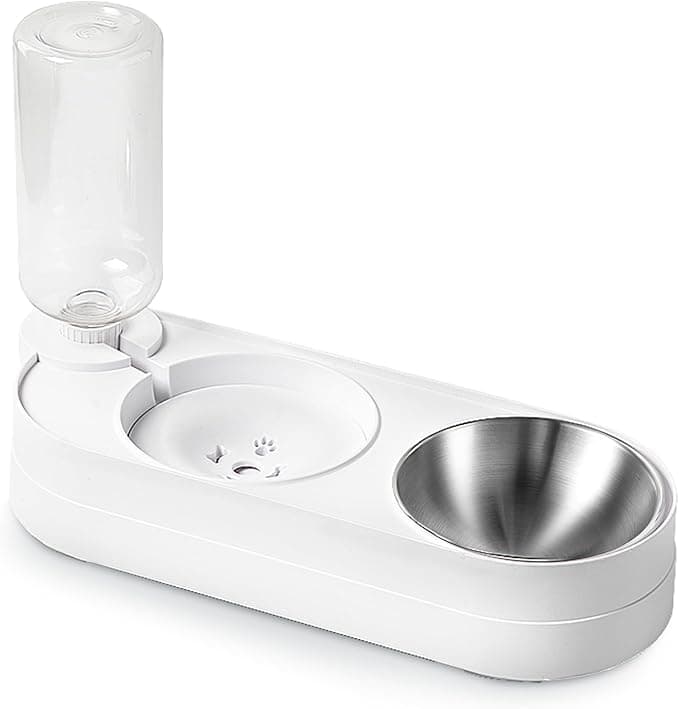 Stainless Steel Pet Food and Water Bowl, 2 in 1 Set with Automatic Water Dispenser for Cats and Small Dogs, 0.5L, White Pet feeder