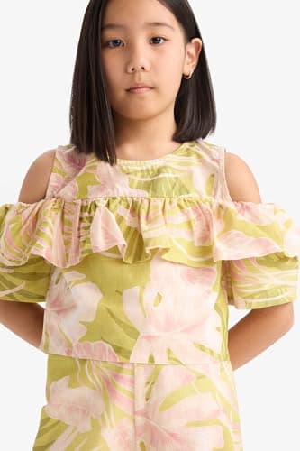 DeFacto Girl Casual Blouse Short Sleeve Woven Top Short Sleeve Blouse,Green 7/8 Y