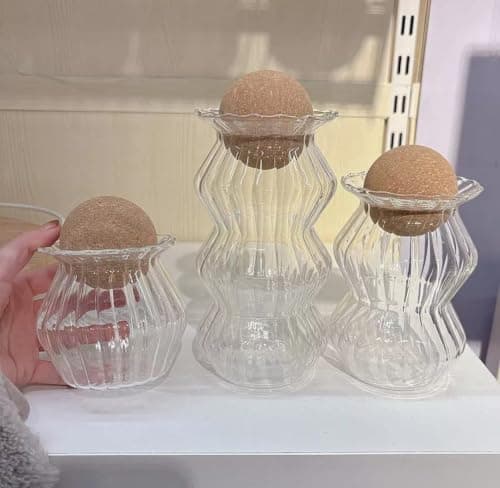 Generic Glass Legume Jar Set,Candy Picks Set, 3 Polygonal Pieces,With a Wooden Ball Lid,Made of clear glass with a compressed wooden lid,Set comes in 3 different sizes Imported product, .ex