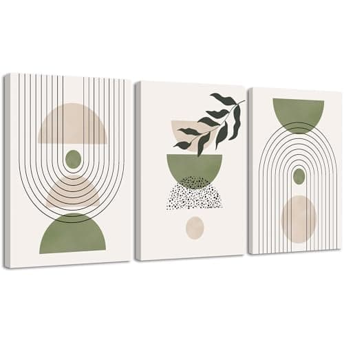 KUVIOKE Framed Green Botanical Boho Wall Art Modern Sage Bohemian Wall Decor Geometry Lines Prints Ready to Hang 12x16in (Framed)