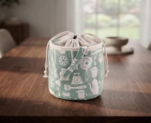 Linen Waterproof Insulated Lunch Bag with Drawstring Expandable Design Meal holder