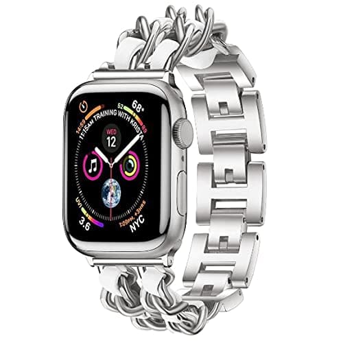 Compatible With Apple Watch Band Size 42/44/45 mm, Stainless Steel Metal Cowboy Chain Style For Apple Watch Series 7 6 5 4 3 2 1 (Silver x White)
