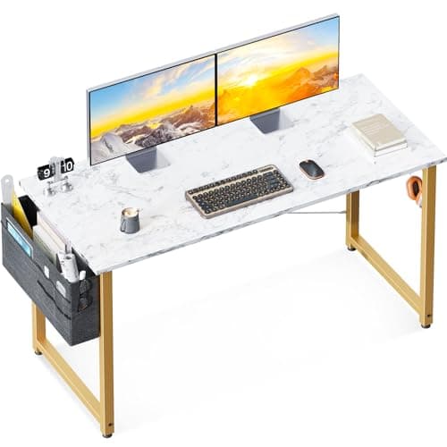 ODK 48 inch Computer Desk, Writing Desk Home Office Desk PC Study Table, Work Desk with Storage Bag and Headphone Hook, White Marble + Gold Leg