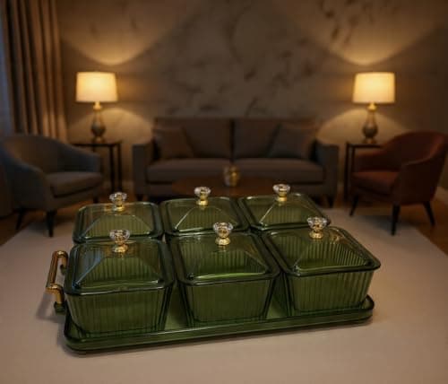Generic Olive Green Lidded Snack Set with Tray, 6-Piece, .mk