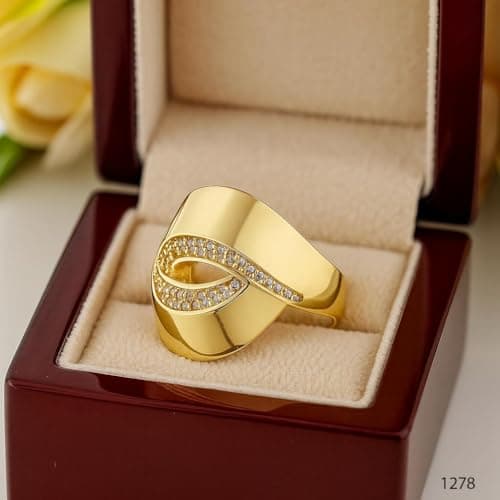 3 Diamonds 292474661779638 Gold-Plated Statement Ring – Curved Wave Design With Embedded Zircon-1