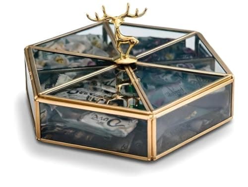 Generic Hexagonal Glass and Metal Snack Box with Gold Deer Figurine Lid, 30 cm, .soh