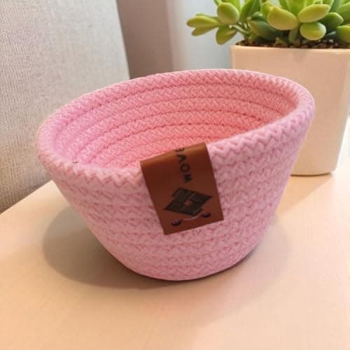 Woven It Handmade Cotton round Pink small Bowl 14cm x 7cm, can be used in Kitchen, toilet, bedroom, kids room, living room, dining room, inside and outside. Caddy