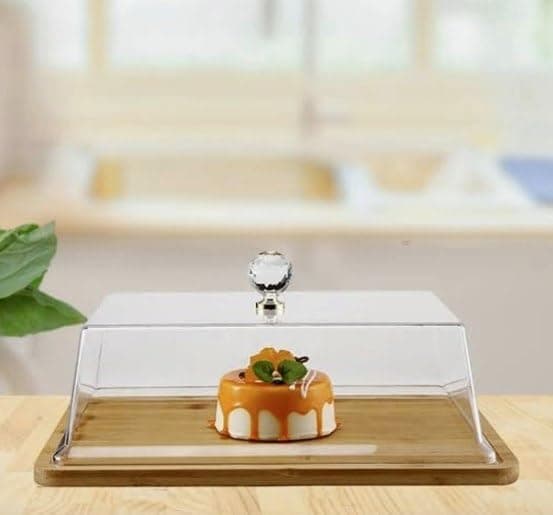 Generic Rectangular Cake Stand with Clear Lid and Crystal Handle, 36 x 26 cm, for Pastries and Desserts, .A2