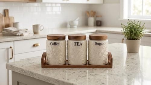 Generic 3-Piece Porcelain Jar Set, (Tea, Sugar, Coffee), With Wooden Stand,Airtight Lids, .bs