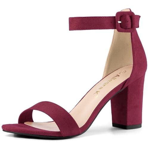 Allegra K Women's High Chunky Heel Ankle Buckle Strap Sandals | 3 3/8 inches Heels with Faux Suede, Comfortable Block Heels Sandal for Women, Summer Dressy Shoes