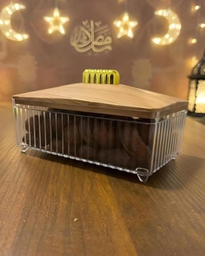Luxury Sela Acrylic Dates Box with Wooden Cover and Gold Knob Handle Transparent Serving Container for Nuts Candies and Sweets Organizer Storage box