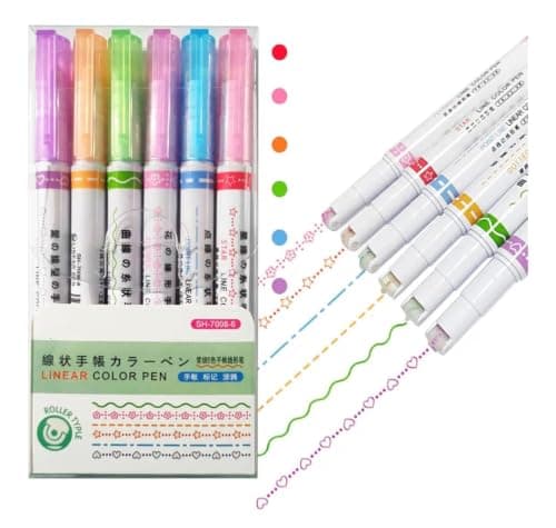 6-Piece Pattern Marker Pen Set, Rolling Tip Decorative Line Pens with Assorted Designs for Journaling, Notes, Scrapbooking and Crafts Marking pen