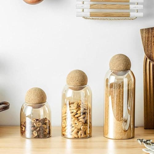 Generic Glass Storage Jar Set with Cork Ball Lid, Honey Amber, Small 500ml, Medium 800ml, Large 1000ml, Set of 3, .sew Food storage container