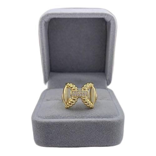 3 Diamonds 292474661779657 Gold-Plated Chunky Beaded Ring – Bold Crossed Design With Zircon Accents-1
