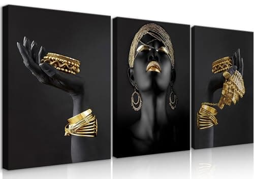 BJVJKSU Black Gold African American Woman Wall Art Fashion Black Girl Golden Jewellery Canvas Wall Decor Framed Elegant Black Woman Pictures Posters Girl Bedroom Living Room Home Painting(12x16in)