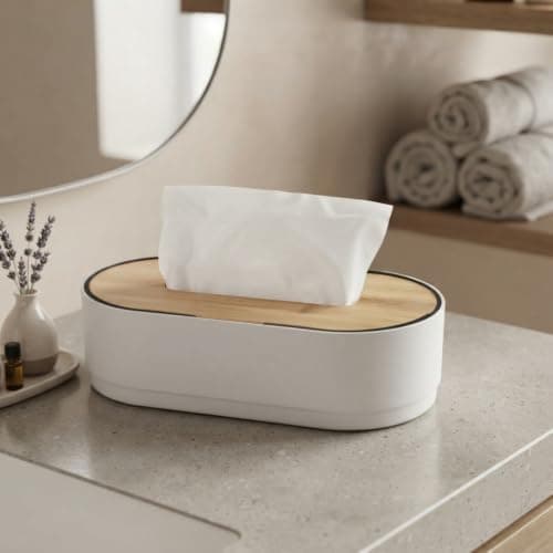 Modern Oval Plastic Tissue Box Holder with Natural Wood Lid Decorative Paper Organizer for Home Office Cafe Living Room Bathroom and Dining Tables Facial tissue holder