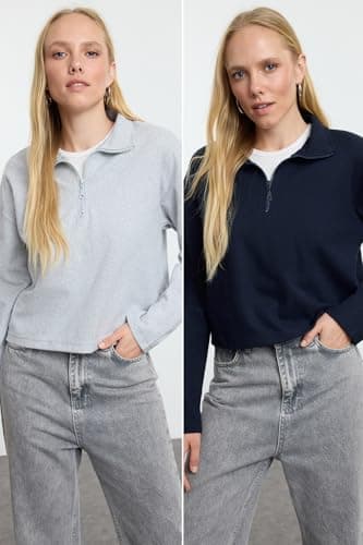 Trendyol Woman Navy Blue-Grey 2 Pack Selanik Regular/Normal Pattern Zipper Collar Knitted Sweatshirt TWOAW25SW00120 Sweatshirt