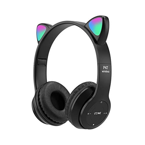QOTSTEOS Children's Bluetooth Cat Ear Headphones With LED Light, Over-Ear, Foldable Stereo, Wireless (Black)