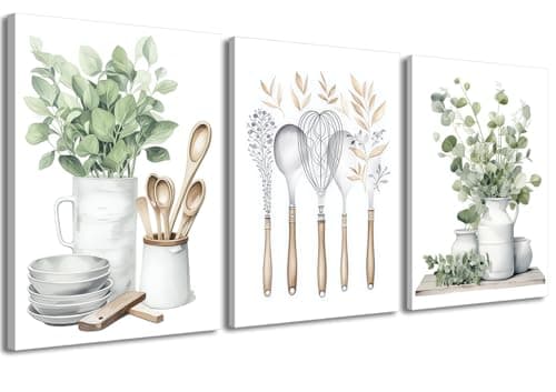 YFvrPt 3 Pcs Sage Green Dining Room Wall Art Eucalyptus Leaves Plant Painting Pictures Wall Decor Poster Print Boho Farmhouse Kitchen Canvas Art For Kitchen Home Decoration Framed 12"x16"