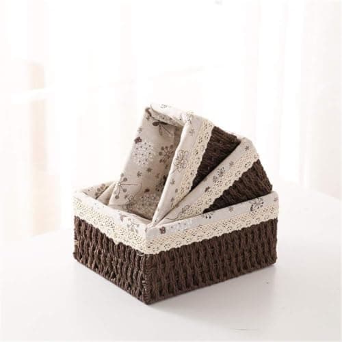 3-Piece Woven Rattan Storage Baskets with Patterned Linen & Metal Bases