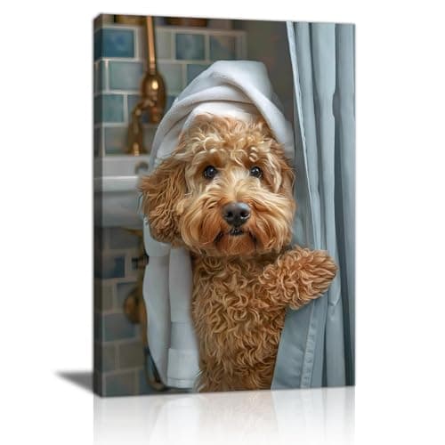 FajerminArt Funny Bathroom Canvas Pictures With Frame, Goldendoodle in The Shower Wall Pictures Humor Animal Printed Picture On Canvas Poster Wall Decoration For Bath Bedroom Living Room Bath 30x40 cm Wall art