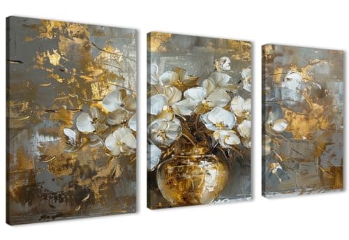 NOVA ART Abstract Canvas Wall Art White Flower Vase with Gold Details Wall Decor for Bedroom Living Room Office Etc Modern Home Decor 30cm x 40cm x 3pcs