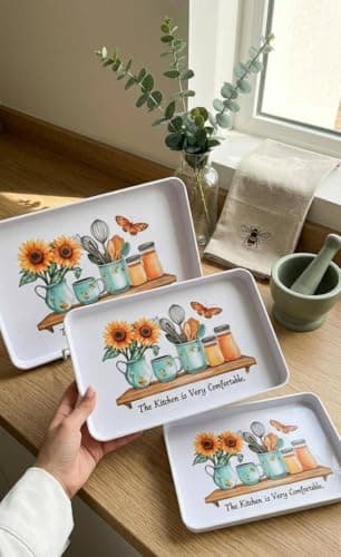 Generic Melamine Serving Tray Set, Sunflower Kitchen Design, White, 3 Piece, Lightweight and Easy to Clean, .Ais