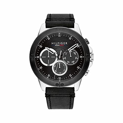 Tommy Hilfiger Men's Quartz Multifunction Stainless Steel and Leather Strap Watch, Color: Black (Model: 1791894), black, Quartz Watch