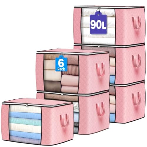 Budding Joy 90L Large Storage Bags, 6 Pack Clothes Storage Bins Foldable Closet Organizer Storage Containers Storage and Organization for Blanket, Comforters, Bed Sheets, Pillows and Toys (Pink) Storage box