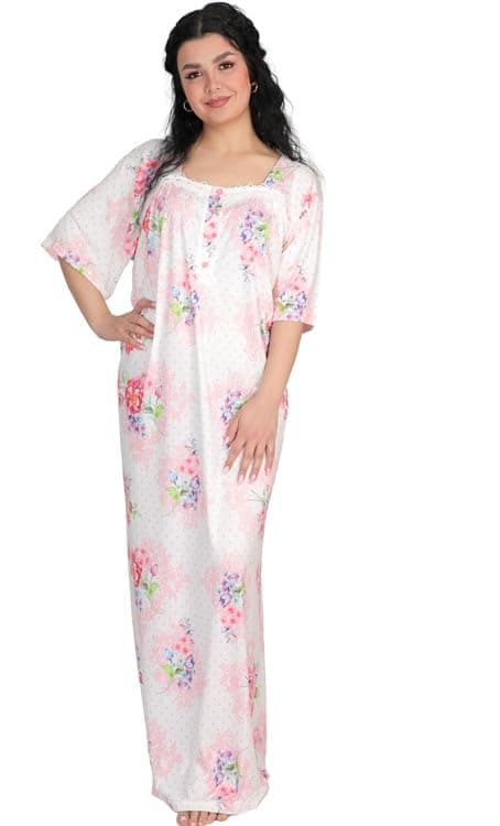 Women's Polyester Floral Pattern Short Sleeves Long Nightgown - Blue & Pink Nightgown nightshirt